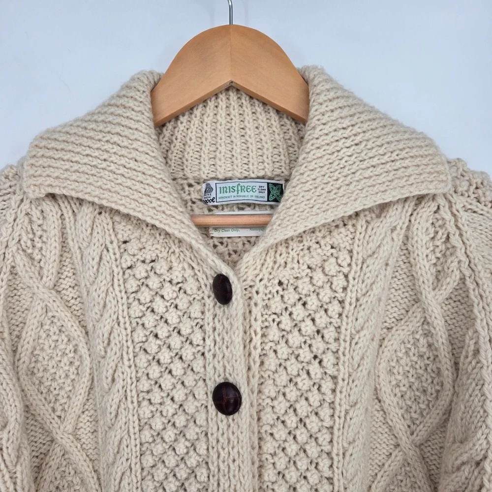 Vintage Womens M-L 100% Wool Irish Aran Sweater Cardigan Hat Combo‎ Cable Knit